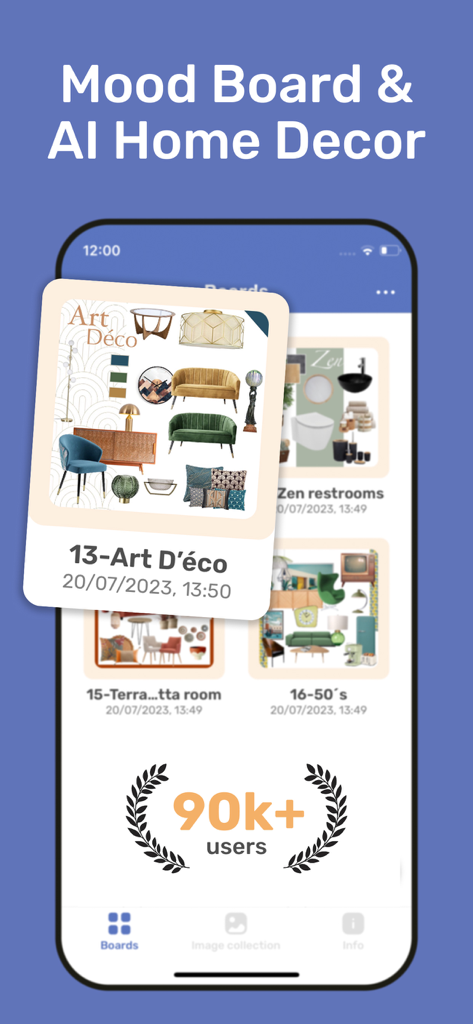 HomeBoardアプリのインターフェースに、複数のインテリアデザインのムードボードとホームデコレーションプロジェクトが表示されている様子