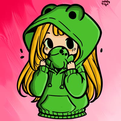 a girl holding a froggy hoodie