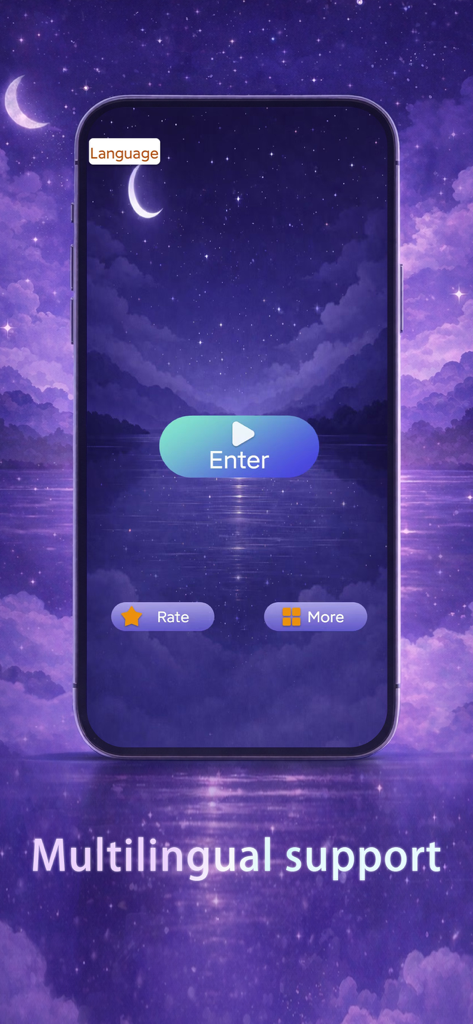 SleepNoise-For a calmer night - SleepNoiseアプリのホーム画面。穏やかな紫色の夜空の背景と、多言語サポートのラベルが特徴です。