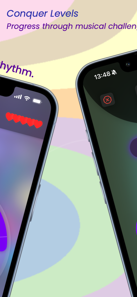 Dois iPhones exibindo a interface do aplicativo Echo musical puzzles com níveis de jogo e indicadores de saúde do coração.