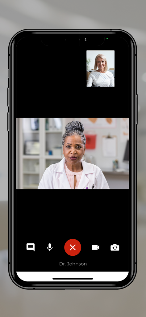 Telemedizinische Videokonsultation zwischen einem Patienten und einem Arzt auf einem mobilen Gerät.