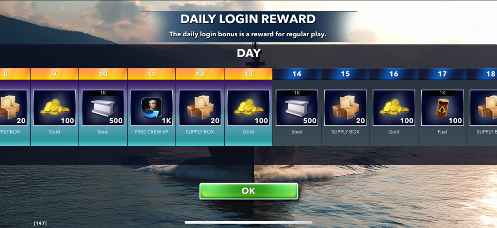 Naval Warship Tactics: Online - Daily login reward screen showing in game bonuses like gold steel and supply boxes