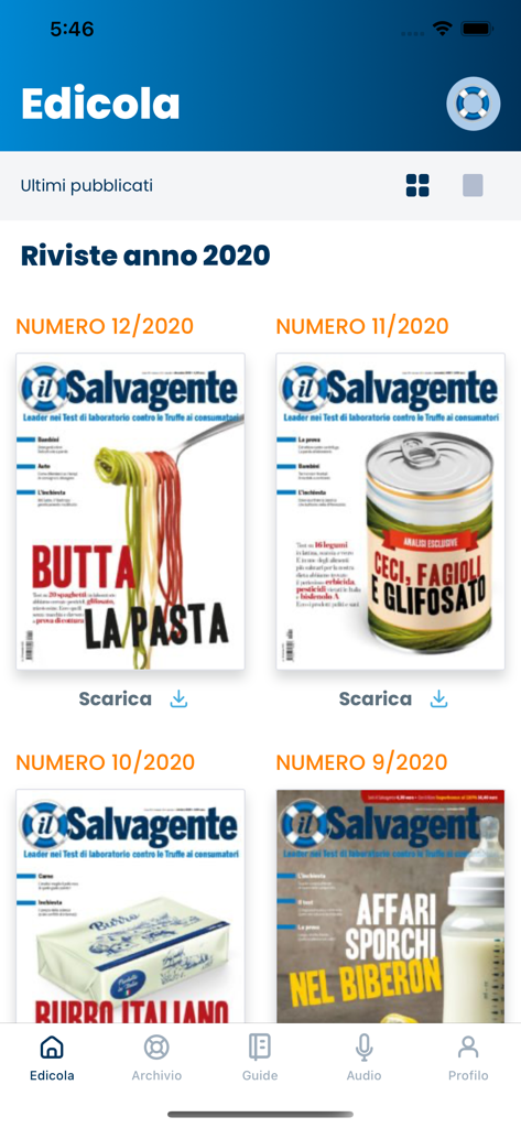 Digital newsstand in the il Salvagente app displaying 2020 magazine covers