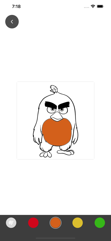 User interface of the AR Draw app showing a bird character sketch being colored with a minimalist color palette.