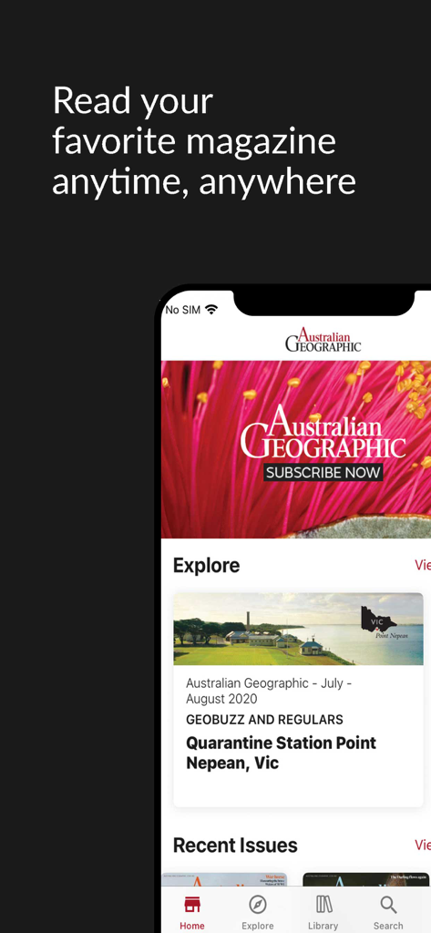 Australian Geographic Magazine - A tela inicial do aplicativo Australian Geographic Magazine mostrando a seção explorar e os artigos em destaque.