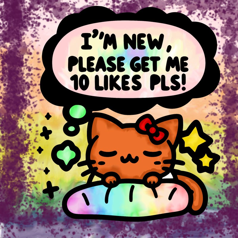 kitty taking a nap dream talking and saying "i'm new, please get me at least 10 likes pls!!"