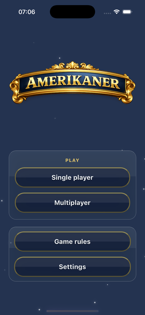 Amerikaner! - Main menu screen of the Amerikaner card game app with options for single player and multiplayer