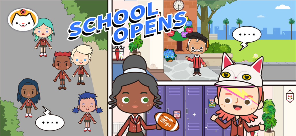 Miga Town: My School - Diverse student characters in uniforms and a teacher standing in front of school lockers and a playground