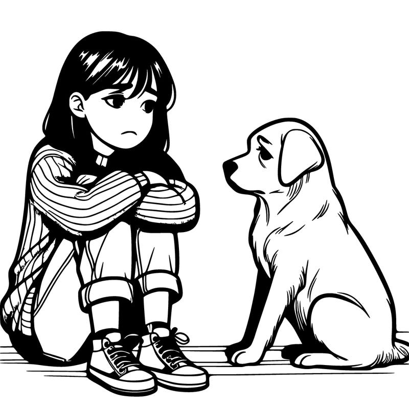 sad realistic girl looking at sitting dog