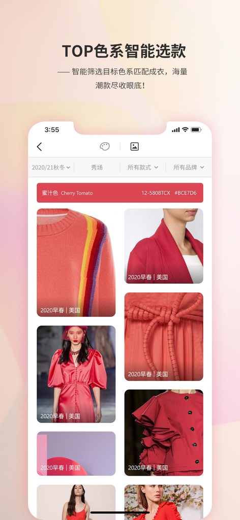 diction - Diction app interface showing a curated selection of red clothing items filtered by the Cherry Tomato color palette for fashion designers.