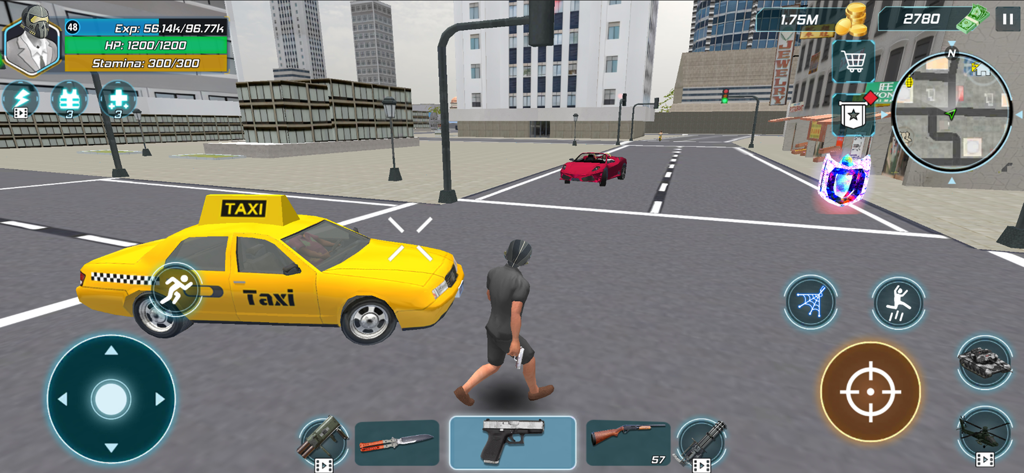 Monster Battle Series - Jugabilidad de Monster Battle Series mostrando un personaje en una ciudad 3D con un taxi amarillo y controles de acción