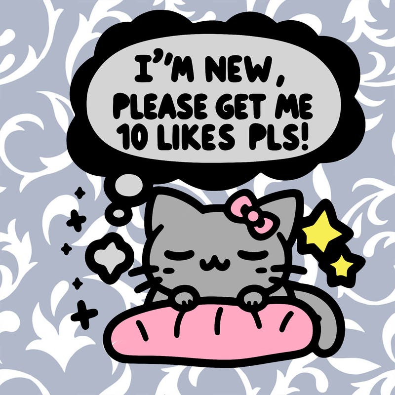 kitty taking a nap dream talking and saying "i'm new, please get me at least 10 likes pls!!"