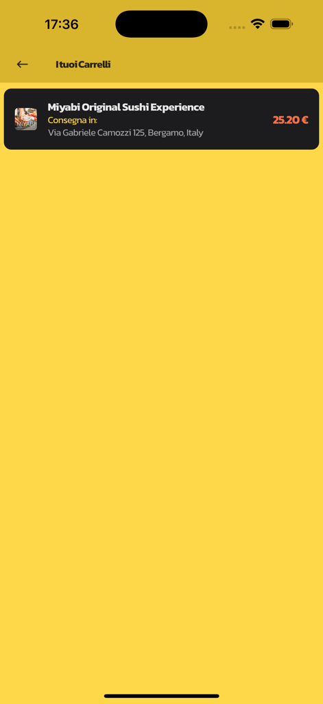 Flash-Deliveryアプリの画面。ユーザーカートに保留中の寿司注文が表示されています。