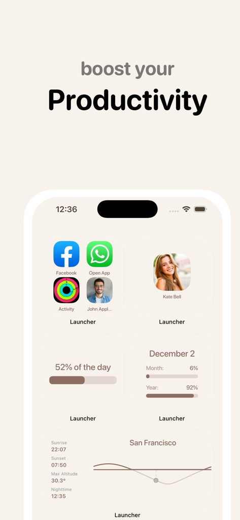Magic Launcher home screen displaying custom widgets for app shortcuts and progress tracking