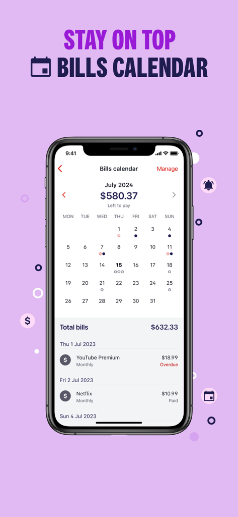 Westpac - Westpac mobile banking app bills calendar screen showing scheduled payments