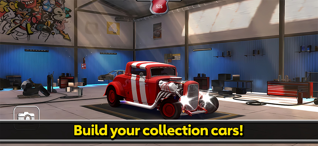 Classic Racing Car Game - Hot rod clásico a rayas rojas y blancas en un garaje con el texto Construye tu colección de coches