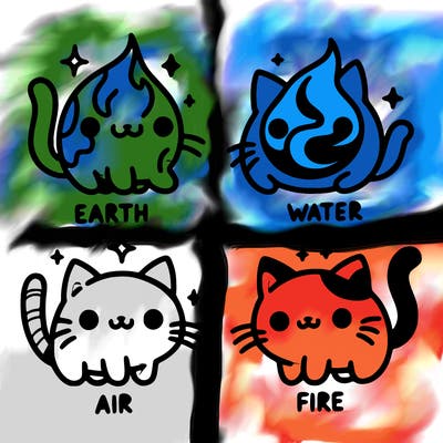 4 cats that represent the different elements, earth, water, air, and fire