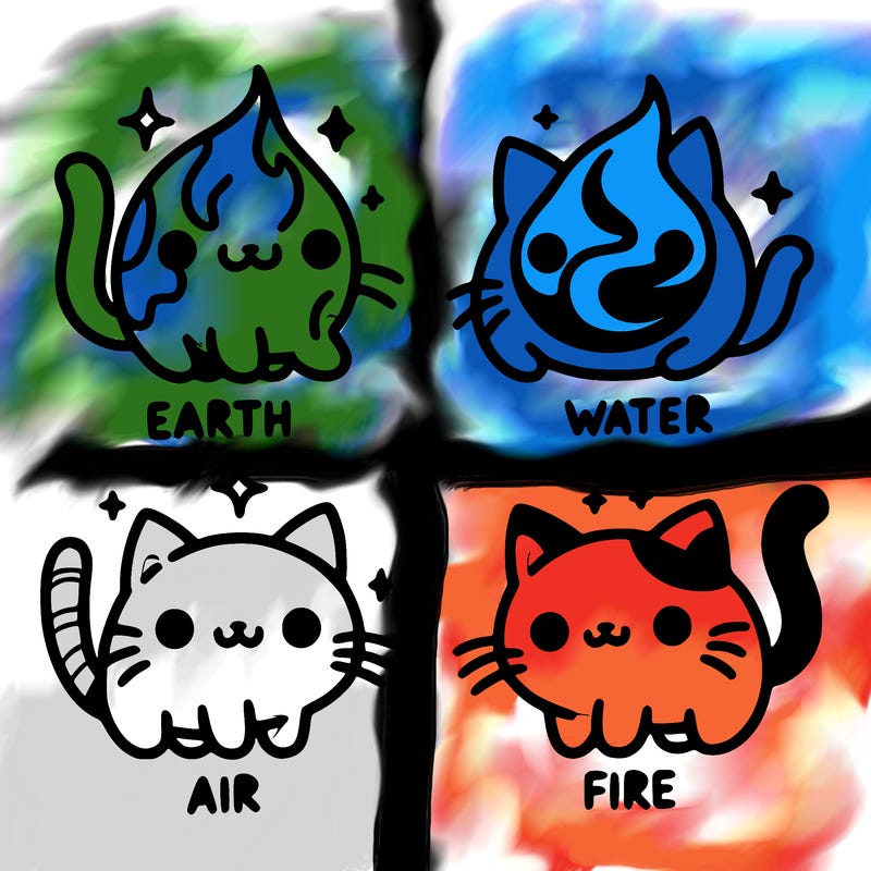4 cats that represent the different elements, earth, water, air, and fire
