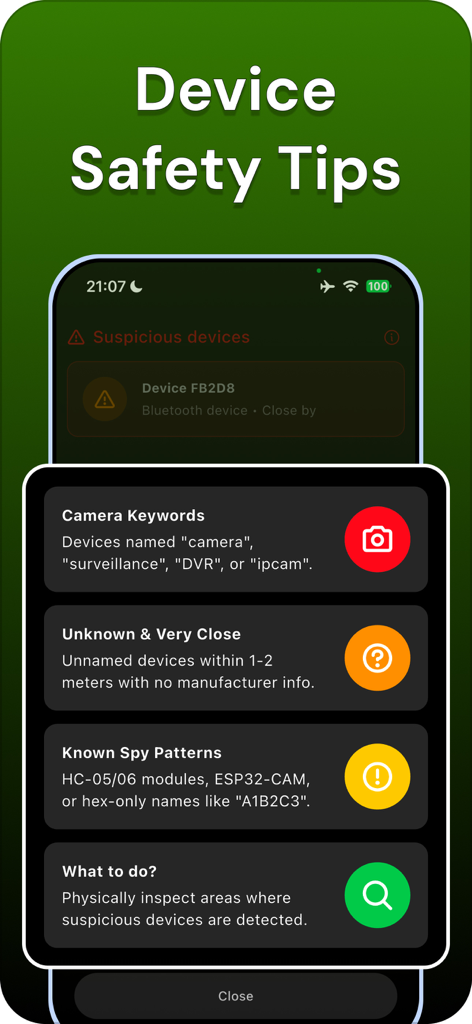 Detect Hidden Device - A screen showing device safety tips and patterns for detecting hidden spy cameras and microphones.