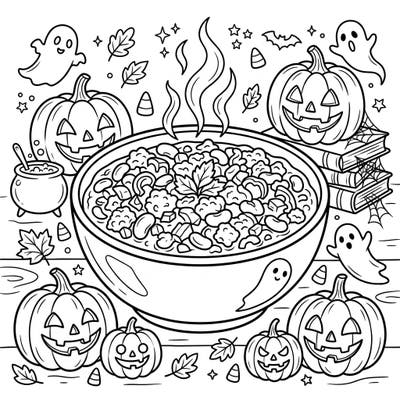 Get into the festive spirit with this delightful Halloween chili coloring page, designed with seniors in mind. Enjoy a cozy scene filled with grinning pumpkins, friendly ghosts, and a steaming bowl of delicious chili.