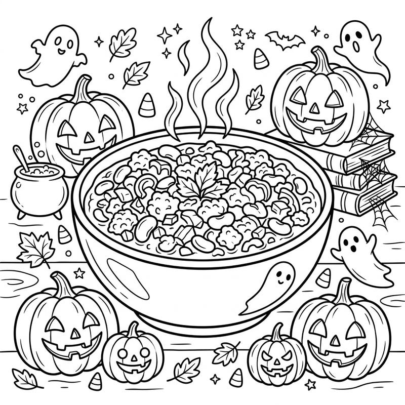 Get into the festive spirit with this delightful Halloween chili coloring page, designed with seniors in mind. Enjoy a cozy scene filled with grinning pumpkins, friendly ghosts, and a steaming bowl of delicious chili.