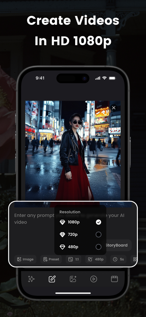 Video AI app interface showing high-definition 1080p video generation settings
