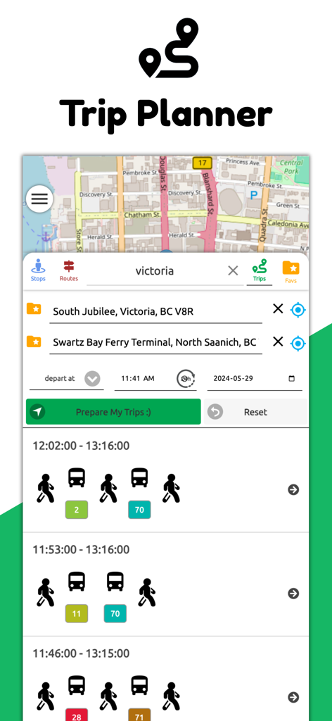 Victoria Transit BC - Victoria Transit BC mobile app trip planner screen showing bus routes and arrival times