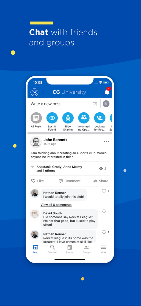 CampusGroups - CampusGroupsアプリのインターフェース。大学の学生コミュニティフィードと、キャンパスのクラブに関するチャット投稿が表示されます。
