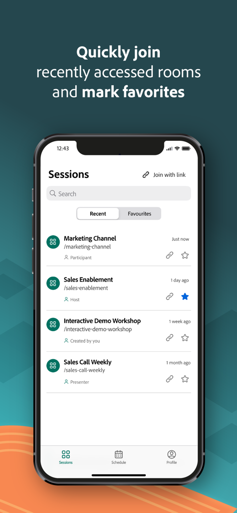 iPhone画面に最近およびお気に入りの会議セッションのリストが表示されたAdobe Connectモバイルアプリのインターフェース