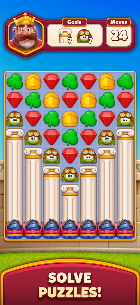 Pantalla de juego de puzzle match-3 de Royal Kingdom mostrando gemas y pilares con el Rey Ricardo