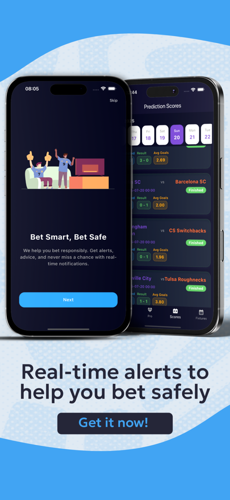 IntelPicks - Football stats - A mobile app interface for IntelPicks showing football match prediction scores and real-time betting safety alerts on two iPhones.