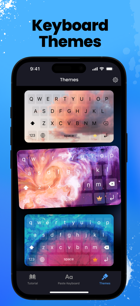 Fonts＋Font Keyboard for iPhone - iPhone画面。雲や星雲パターンなど、複数のカラフルで美しいキーボード背景テーマを表示しています。