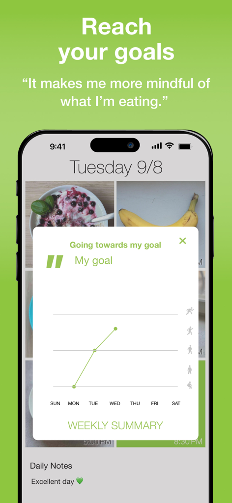 Gráfico de progreso de resumen semanal en la aplicación Food Diary See How You Eat.