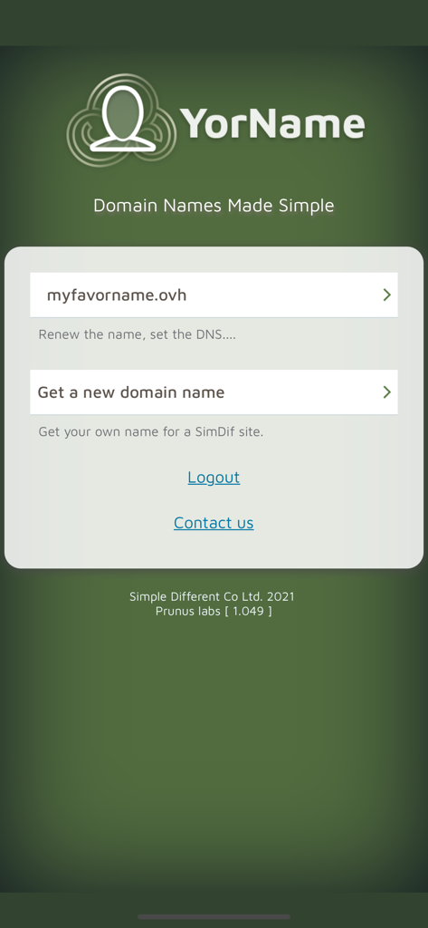 YorName App-Dashboard mit Optionen zur Registrierung einer neuen Domain oder zur Verwaltung einer bestehenden Domain