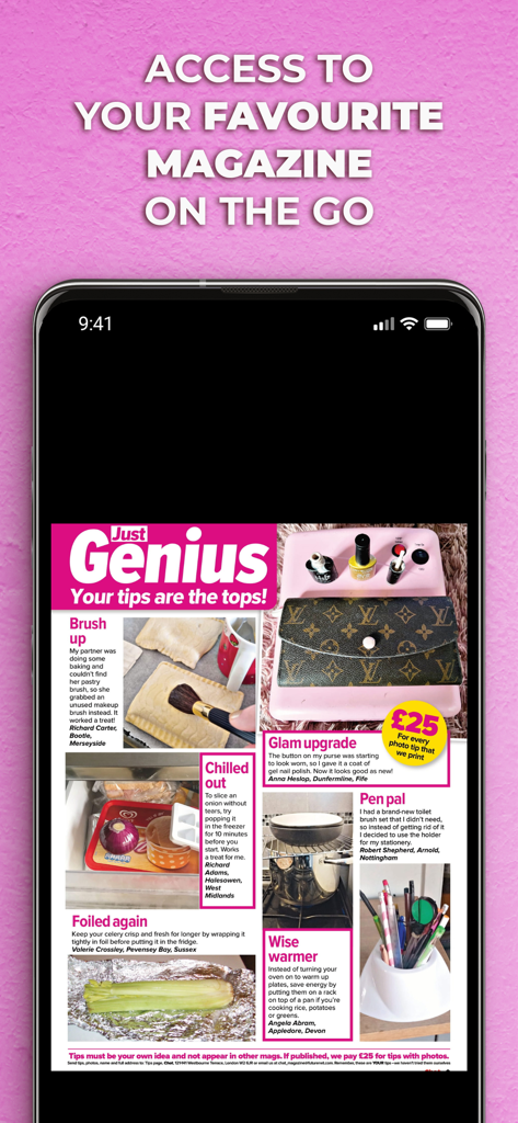 Chat Magazine - Screenshot of Chat Magazine app showing a page of clever lifestyle tips and life hacks on a smartphone screen.