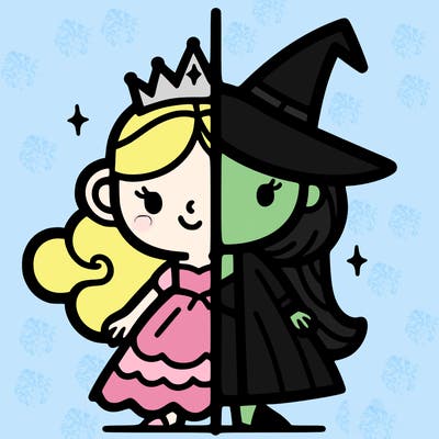 detailed split of a princess and a witch