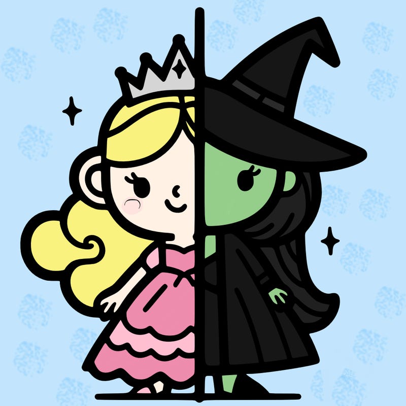 detailed split of a princess and a witch