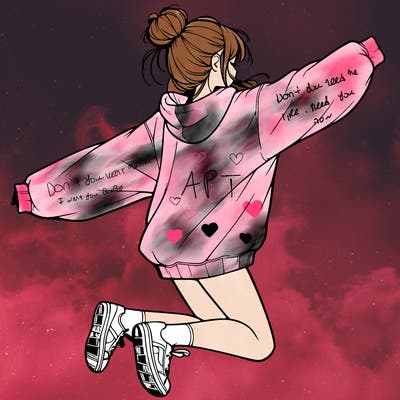 realistic girl jumping with a bun and oversized sweatshirt