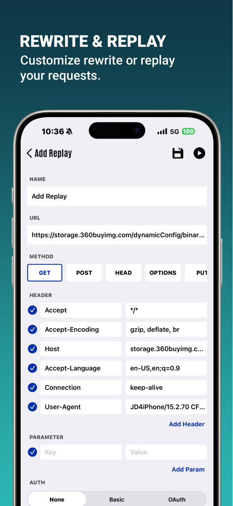 Interface of Network Sniffer app showing how to customize rewrite and replay for network requests