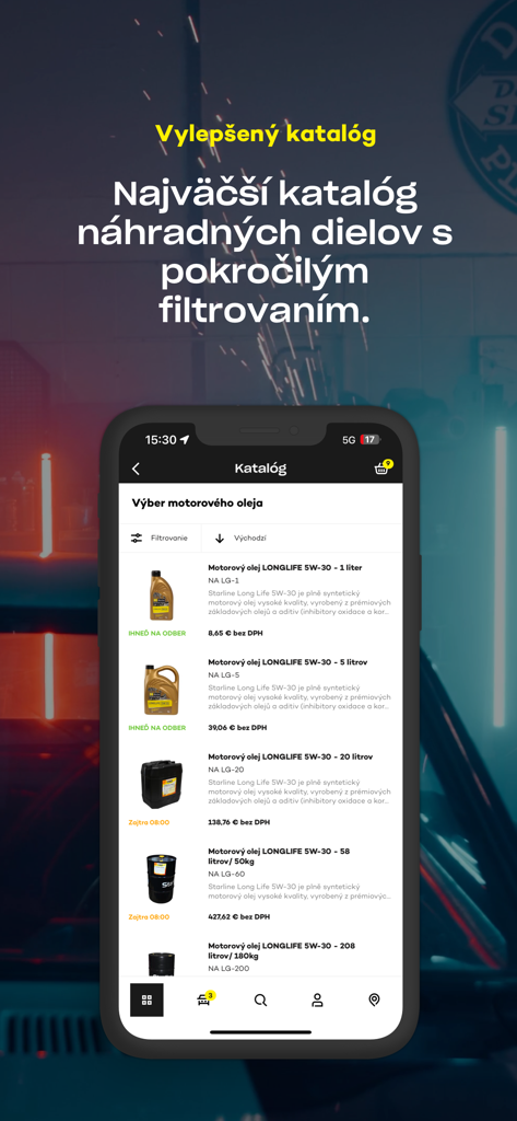 Aplicativo móvel Auto Kelly SK mostrando um catálogo de óleo de motor com vários tamanhos de óleo e opções avançadas de filtragem