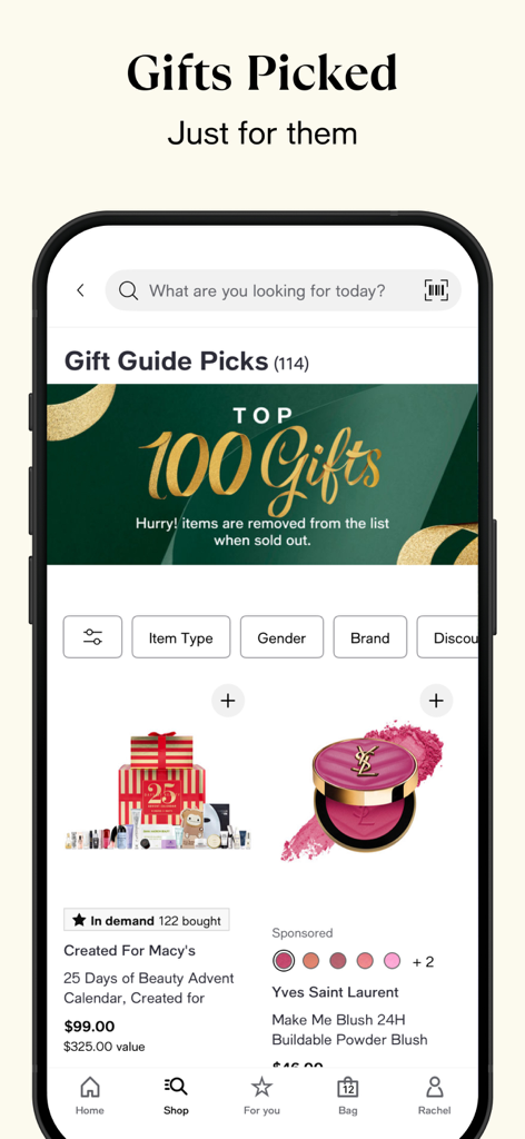 Macy's: Online Shopping & Save - Macy's mobile app displaying the curated gift guide picks screen with a top 100 gifts banner and beauty products