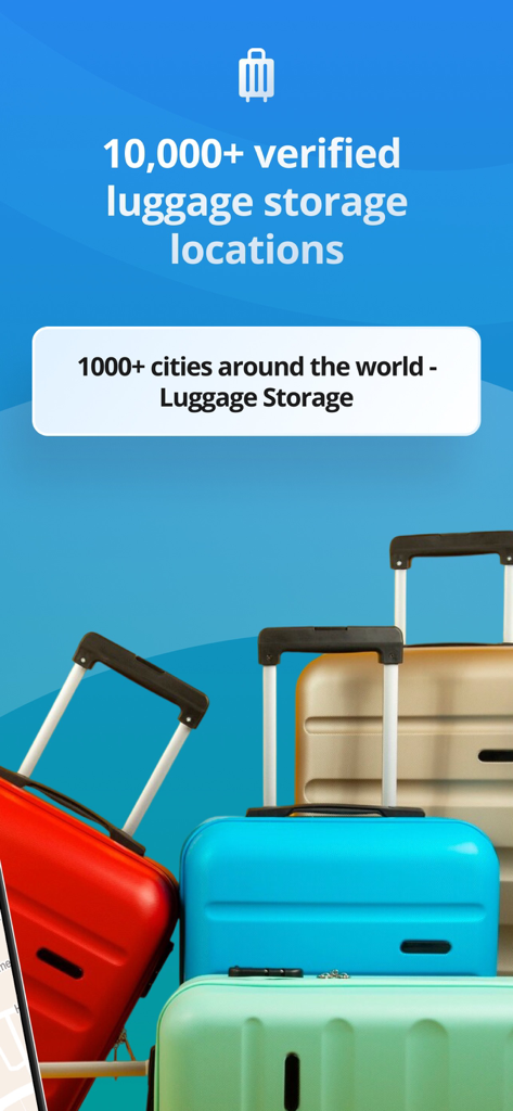 世界中の1000以上の都市にある1万箇所以上の荷物預かり場所を強調するテキストの下に、カラフルなスーツケース