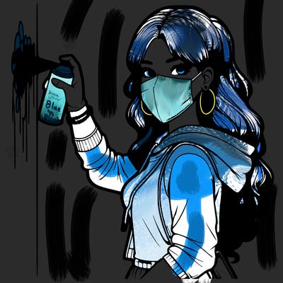 realistic girl with mask spray painting a wall