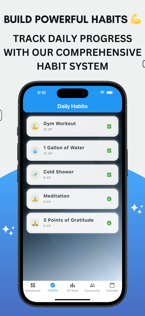 NoFap: Ranked - Daily habits checklist in the NoFap Ranked app showing XP rewards for gym workouts and meditation