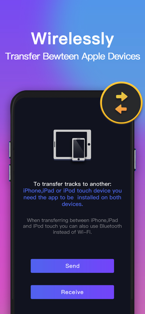 Interface of a music app explaining how to wirelessly transfer tracks between iPhone, iPad, and iPod touch.