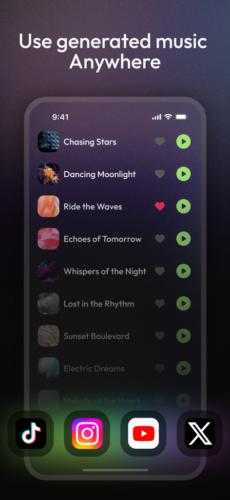 Bach - AI Music Generator - App interface showing a list of AI-generated songs and social media icons for TikTok, Instagram, and YouTube