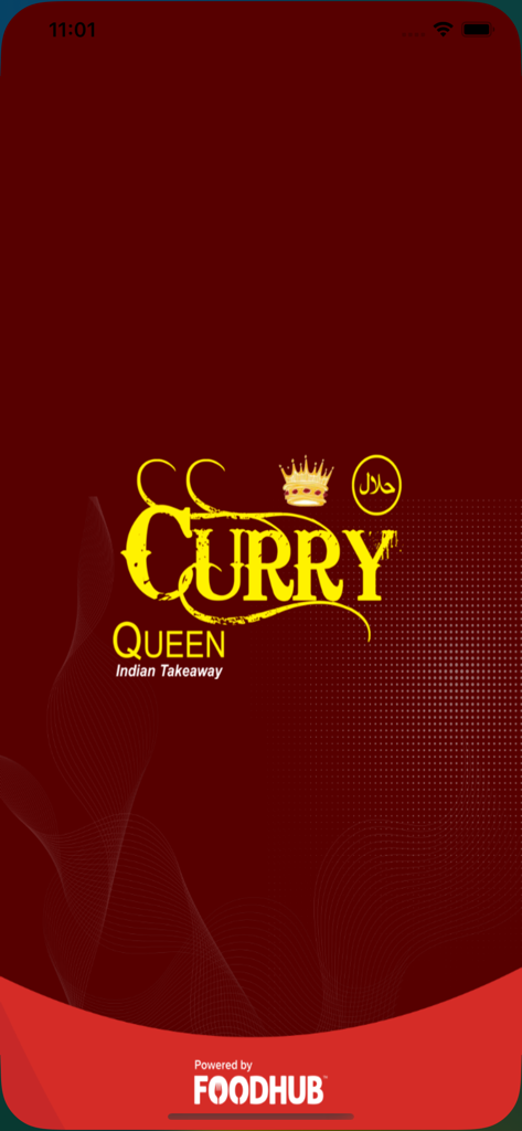Curry Queen Indian Takeaway app splash screen featuring the golden brand logo on a dark red background
