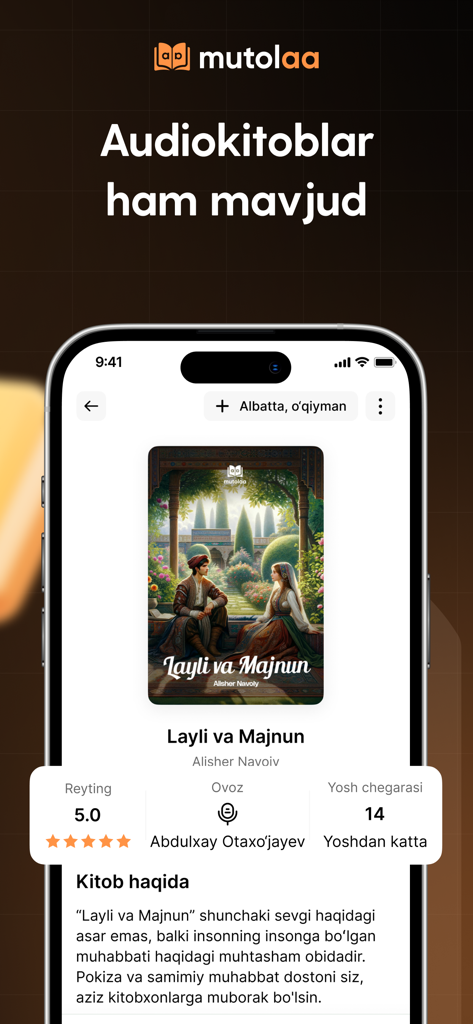 오디오북 및 평가 정보와 함께 Layli va Majnun 책에 대한 세부 정보를 표시하는 Mutolaa 앱 스크린샷