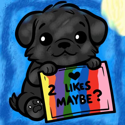 a puppy holding a sign that says 2 likes maybe?