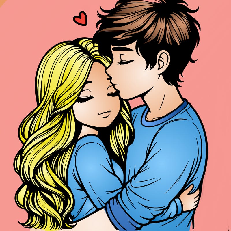 a realistic couple boy and girl hugging and kissing